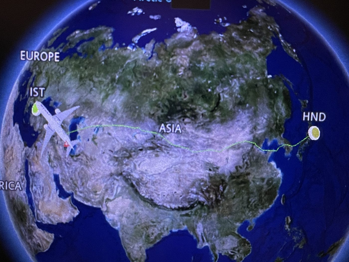 羽田〜イスタンブールの空路図（機内モニター）