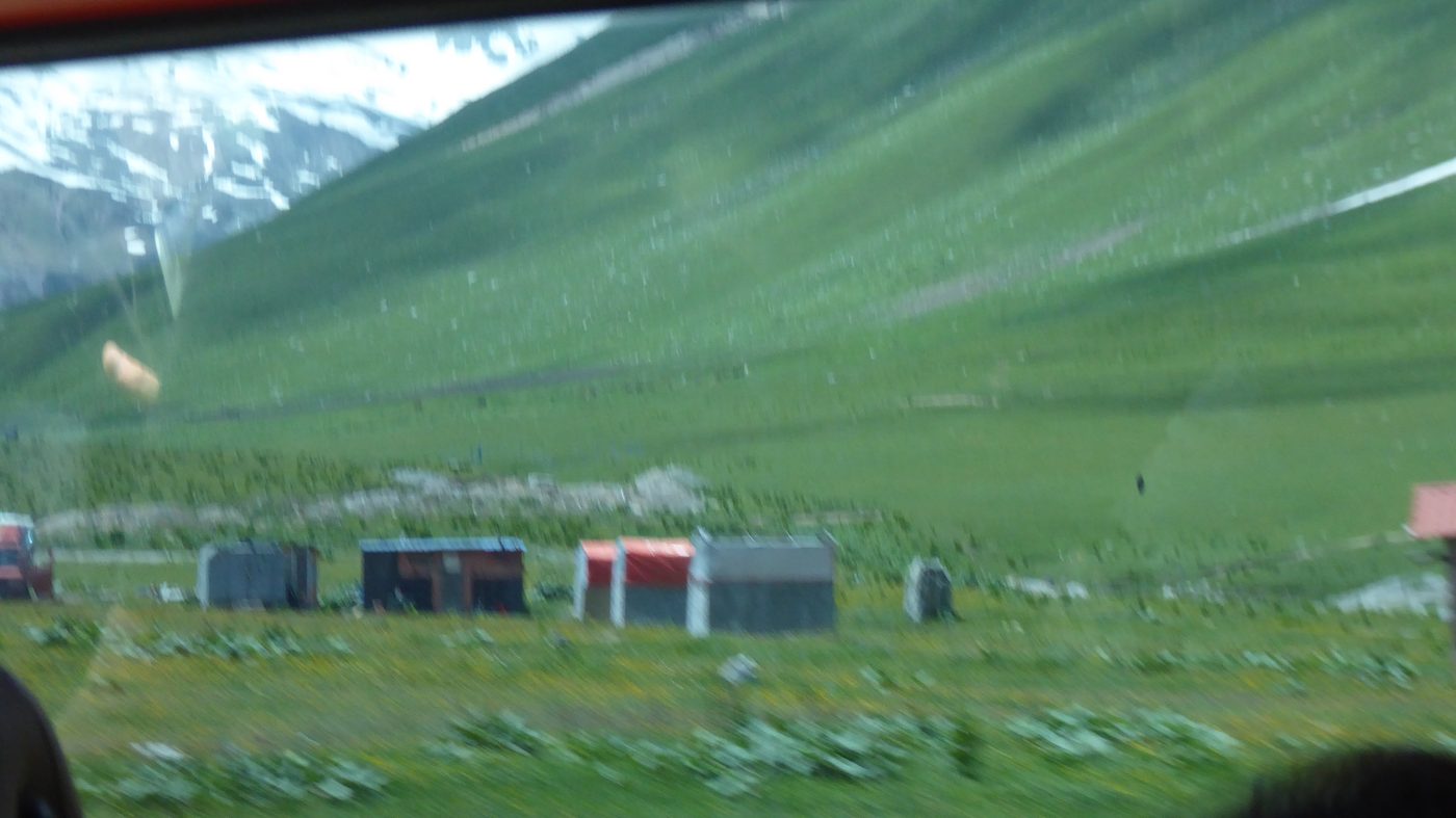 車窓を流れる高原の牧草地